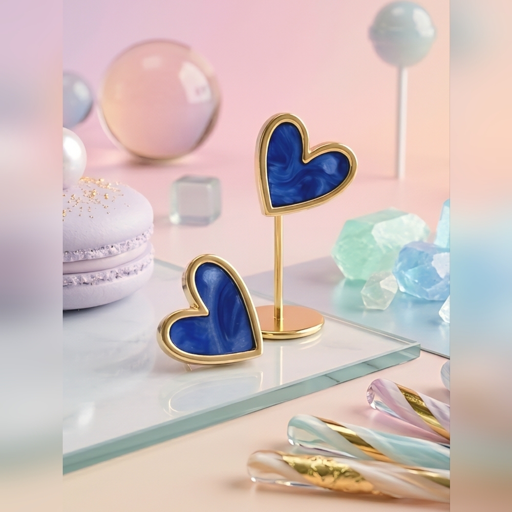 Royal Blue Enamel Heart Stud Earrings Gold Tone Minimalist Y2K Preppy Jewelry